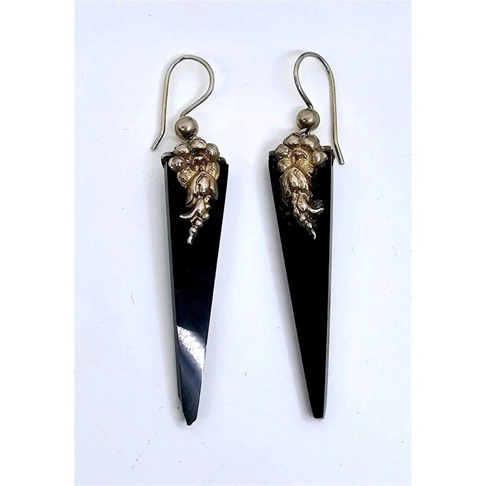 Art Deco Onyx and sterling Hook Earrings 2 inches long